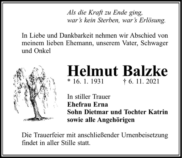 Traueranzeige Helmut Balzke