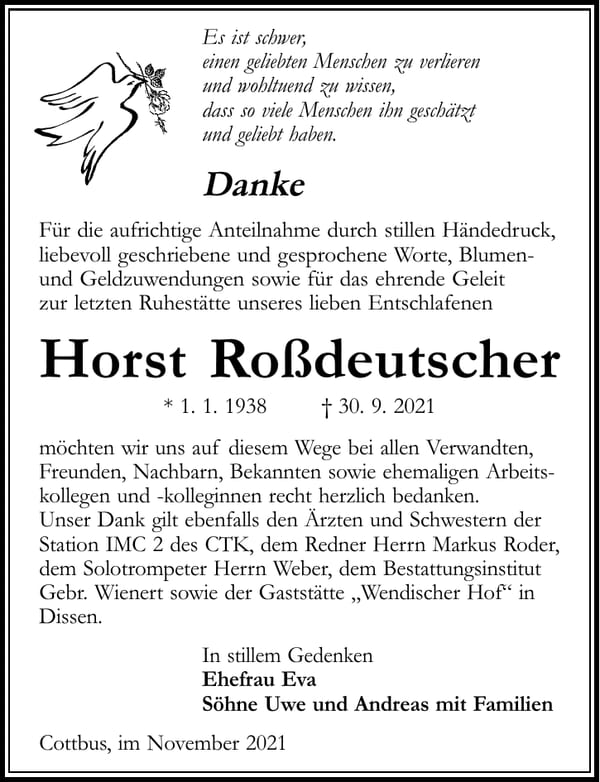 Danksagung Horst Roßdeutscher