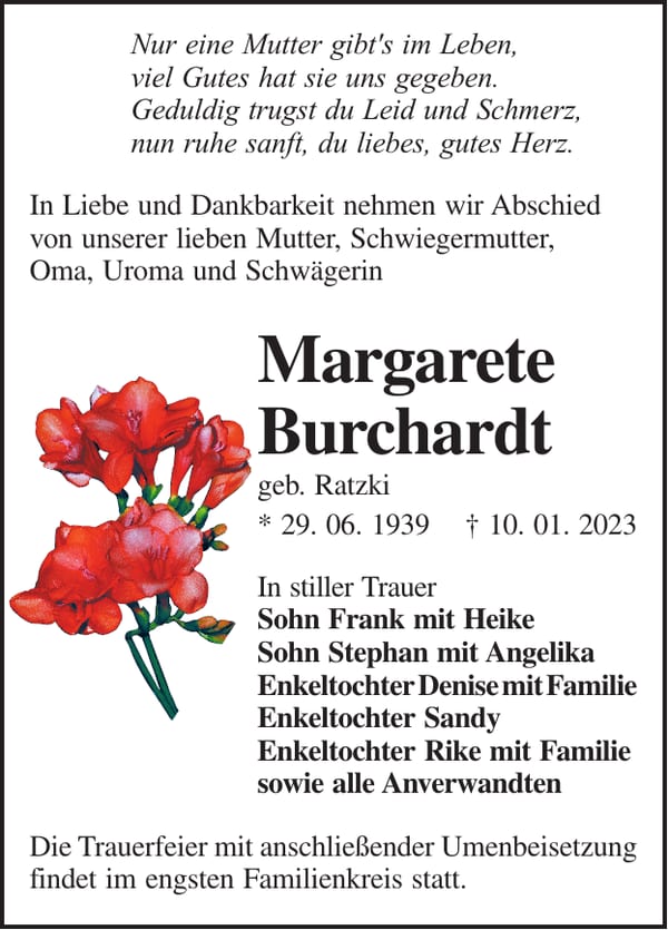 Traueranzeige Margarete Burchardt, geb. Ratzki