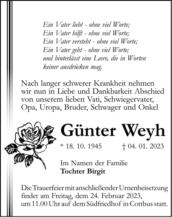 Traueranzeige Günter Weyh