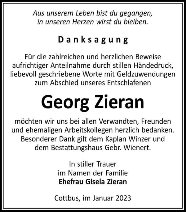 Danksagung Georg Zieran
