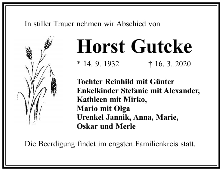 Traueranzeige Horst Gutcke