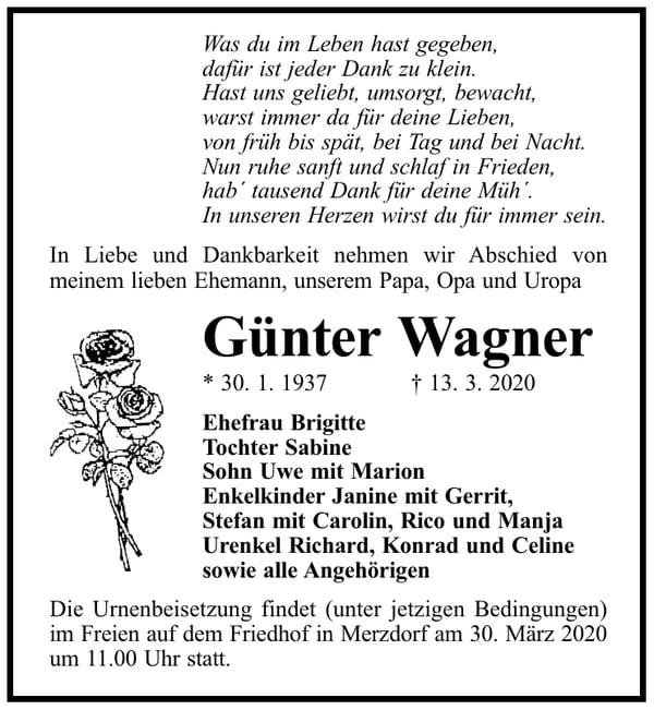 Traueranzeige Günter Wagner