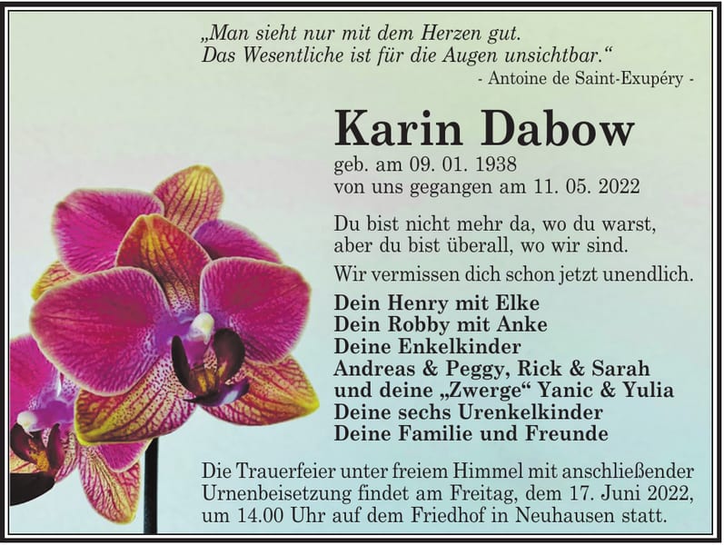 Traueranzeige Karin Dabow