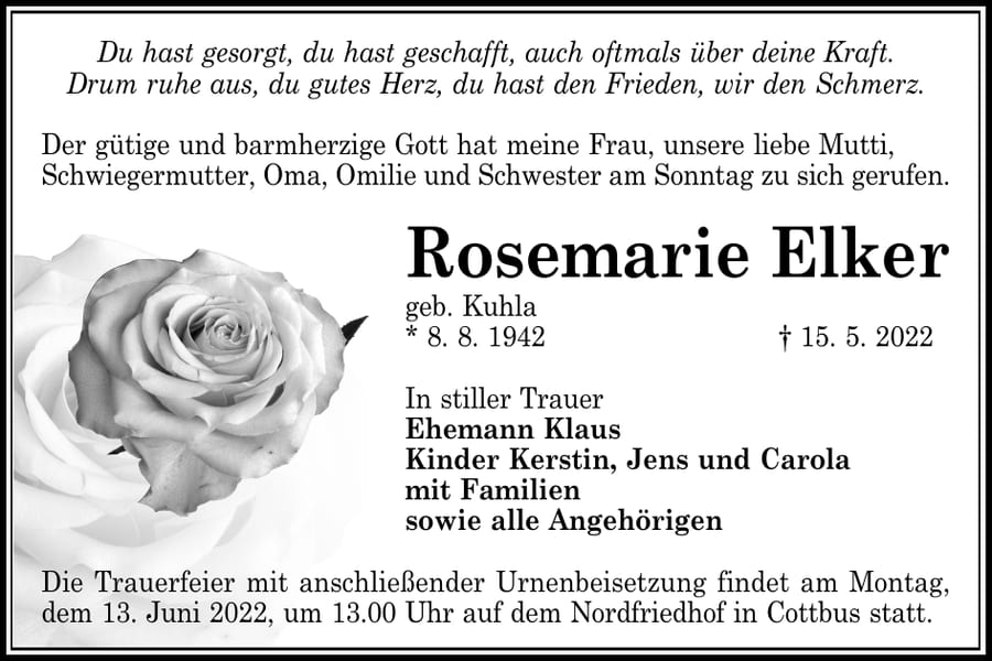 Traueranzeige Rosemarie Elker, geb. Kuhla