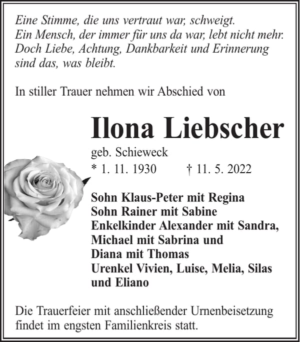Traueranzeige Ilona Liebscher, geb. Schieweck