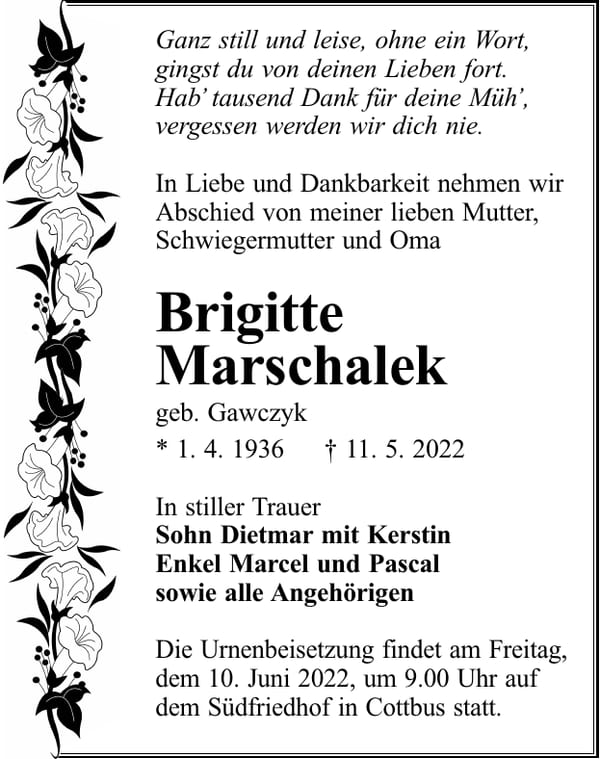 Traueranzeige Brigitte Marschalek, geb. Gawczyk