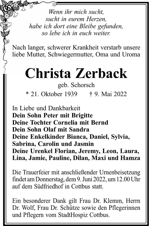 Traueranzeige Christa Zerback, geb. Schorsch