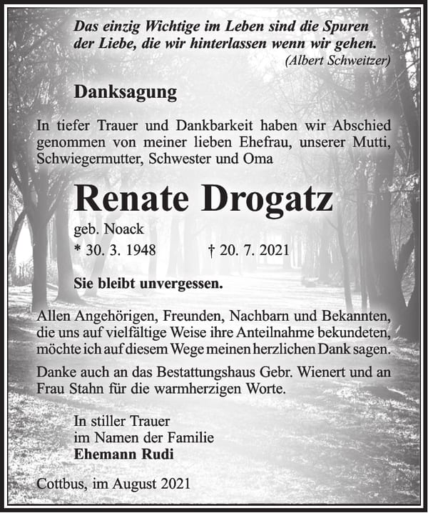 Danksagung Renate Drogatz, geb. Noack