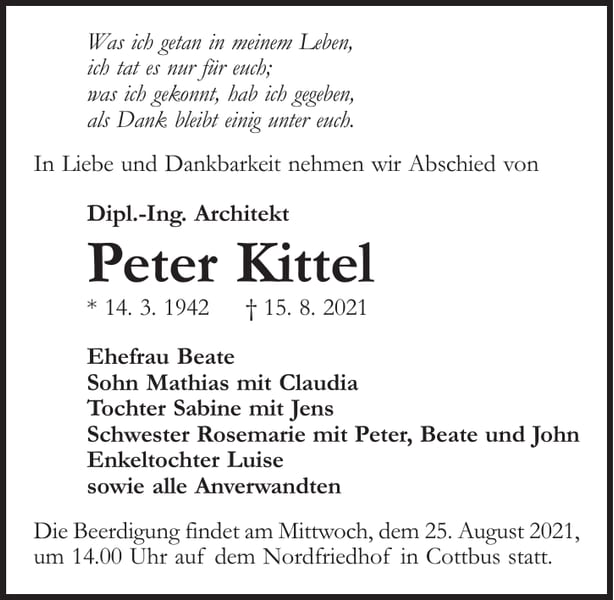 Traueranzeige Peter Kittel