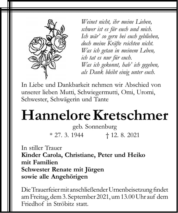 Traueranzeige Hannelore Kretschmer, geb. Sonnenburg