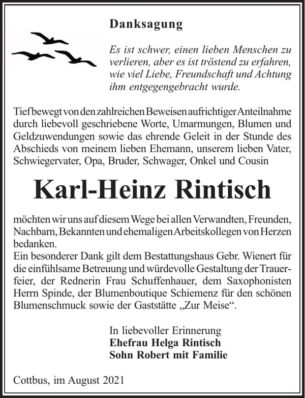Danksagung Karl-Heinz Rintisch