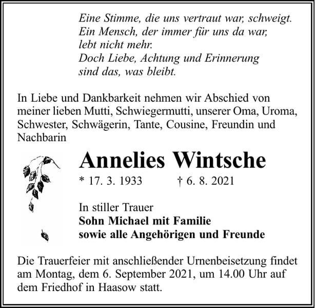 Traueranzeige Annelies Wintsche