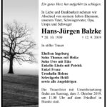 Traueranzeige Hans-Jürgen Balzke