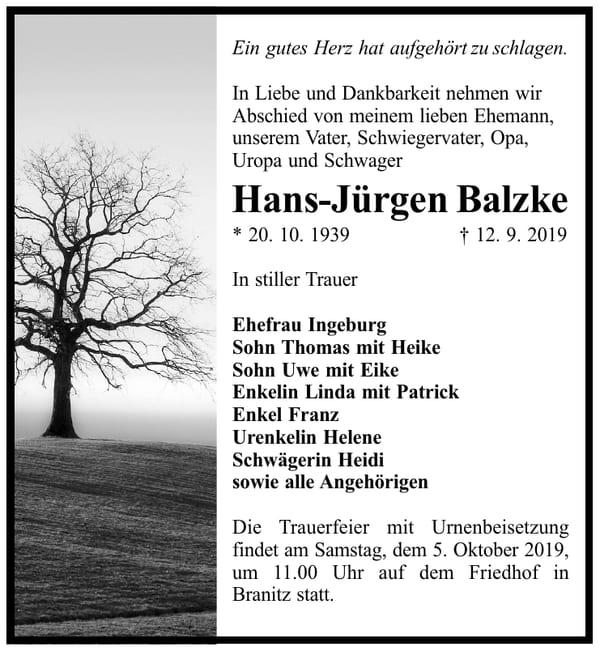 Traueranzeige Hans-Jürgen Balzke