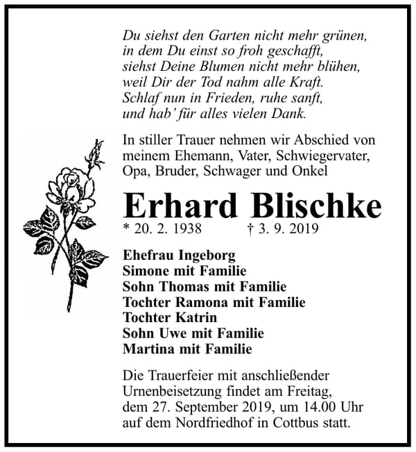 Traueranzeige Erhard Blischke