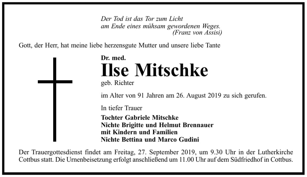 Danksagung Ilse Mitschke, geb. Richter