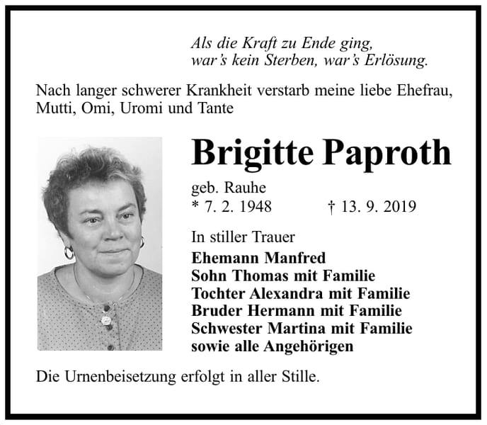 Traueranzeige Brigitte Paproth, geb. Rauhe