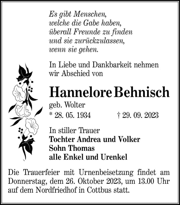 Traueranzeige Hannelore Behnisch, geb. Wolter