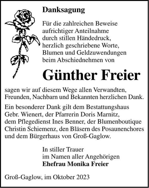 Danksagung Günther Freier