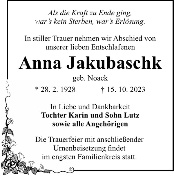 Traueranzeige Anna Jakubaschk, geb. Noack