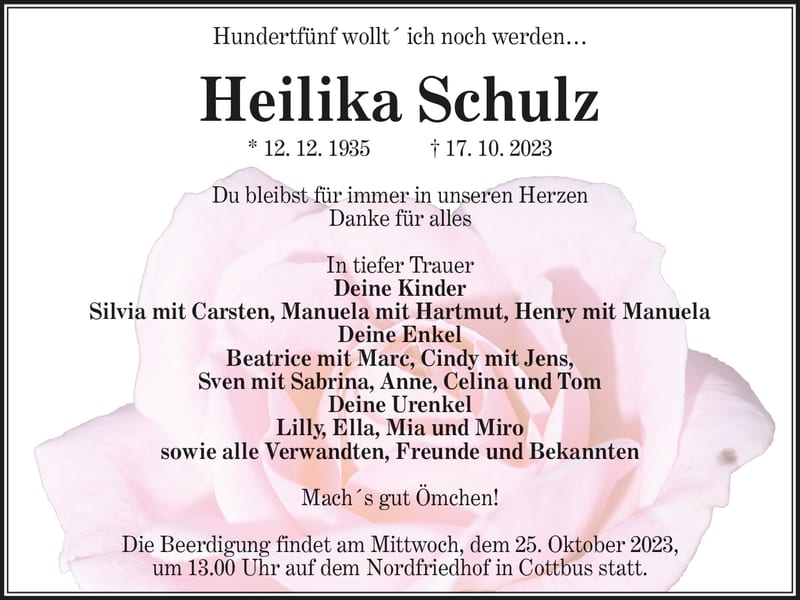 Traueranzeige Heilika Schulz