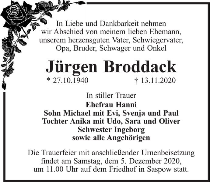 Traueranzeige Jürgen Broddack
