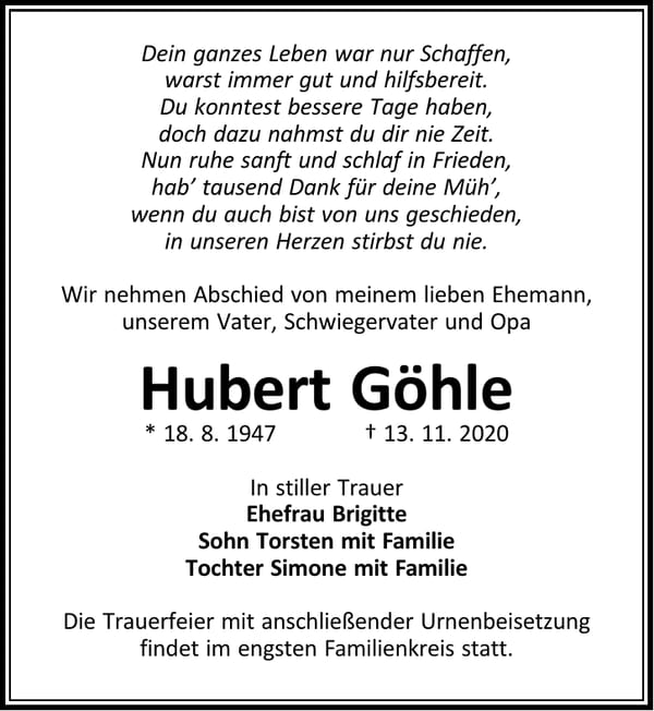 Traueranzeige Hubert Göhle