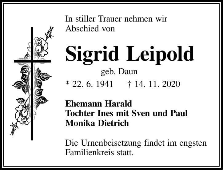 Traueranzeige Sigrid Leipold, geb. Daun