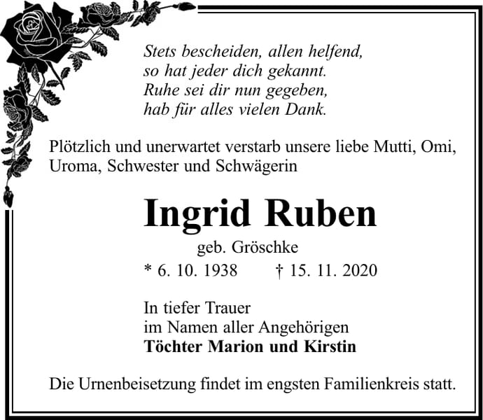 Traueranzeige Ingrid Ruben, geb. Gröschke