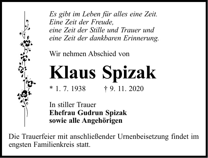 Traueranzeige Klaus Spizak