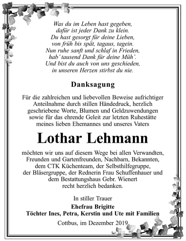Danksagung Lothar Lehmann