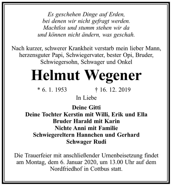 Traueranzeige Helmut Wegener