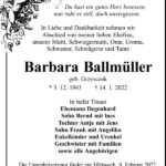 Traueranzeige Barbara Ballmüller, geb. Grzysczok