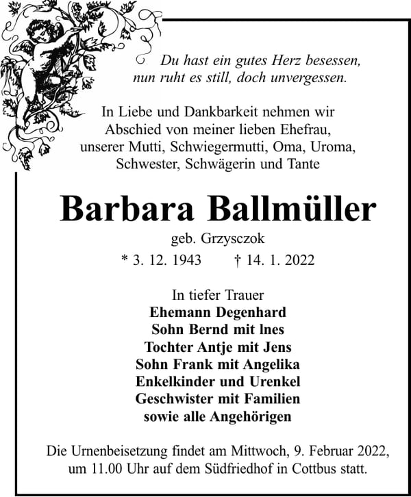Traueranzeige Barbara Ballmüller, geb. Grzysczok