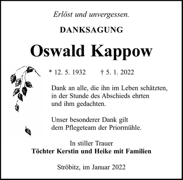 Danksagung Oswald Kappow
