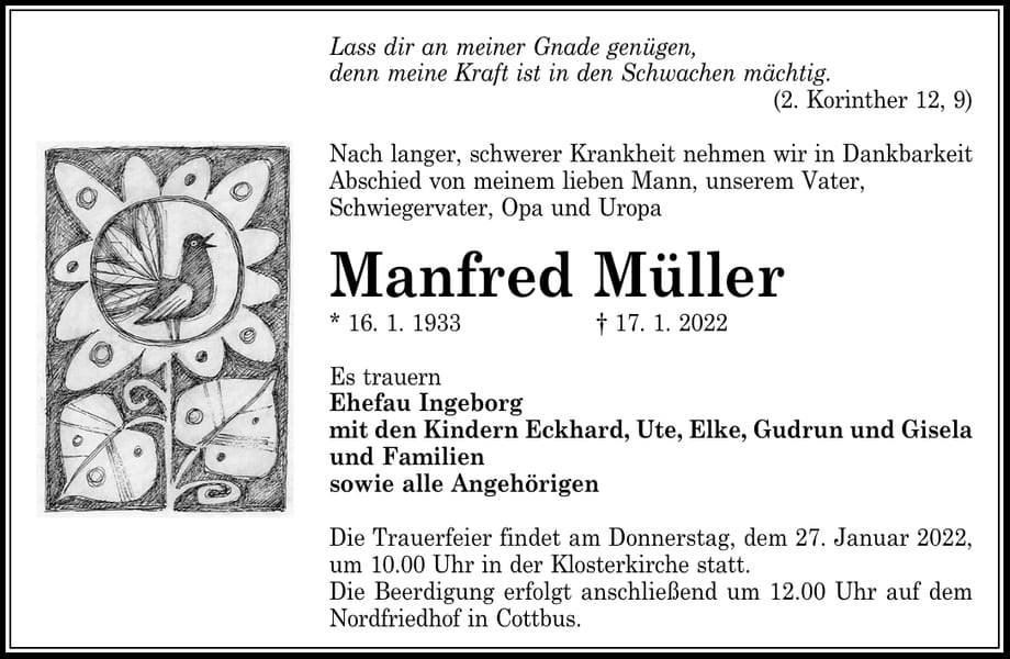 Traueranzeige Manfred Müller