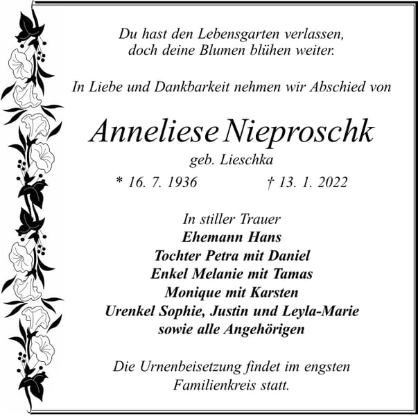 Traueranzeige Anneliese Nieproschk, geb. Lieschka