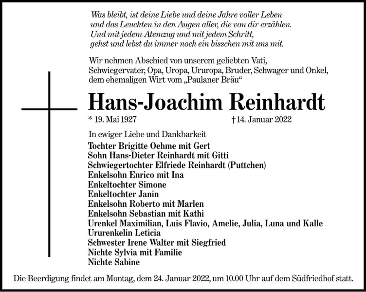 Traueranzeige Hans-Joachim Reinhardt