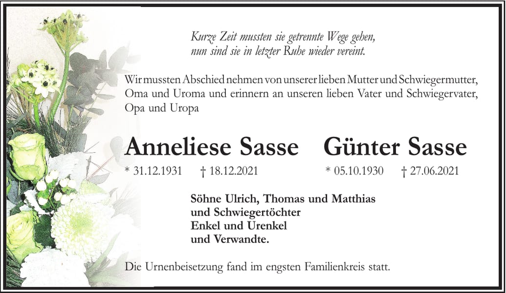 Traueranzeige Anneliese Sasse und Günter Sasse