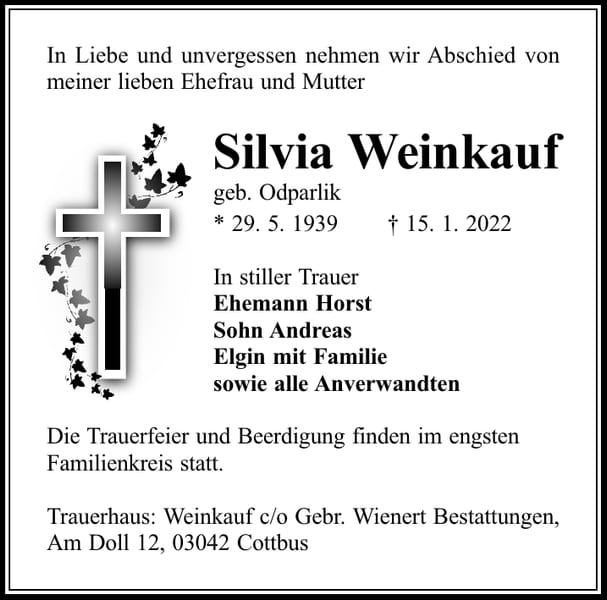 Traueranzeige Silvia Weinkauf, geb. Odparlik