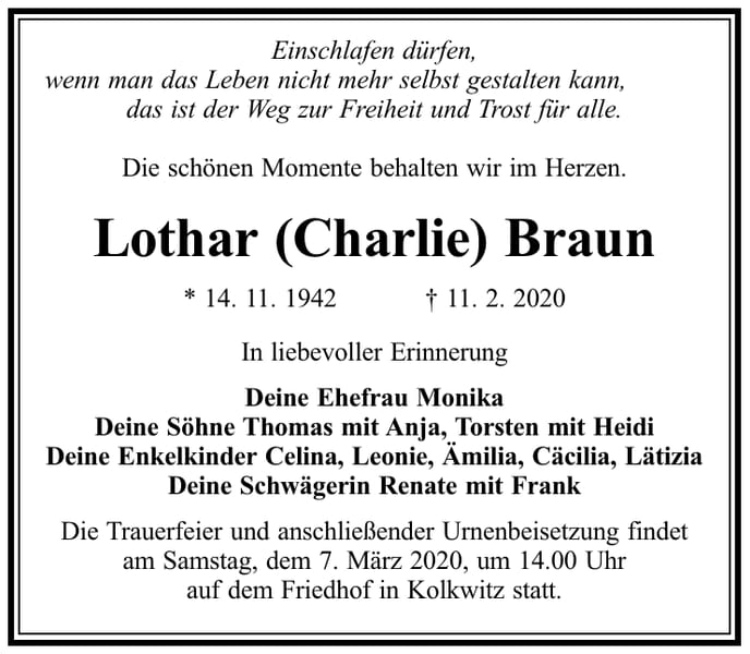 Traueranzeige Lothar (Charlie) Braun
