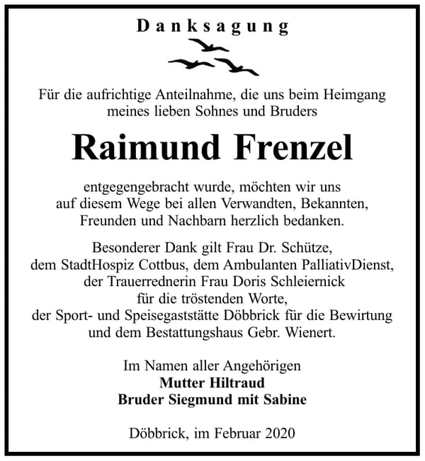 Danksagung Raimund Frenzel