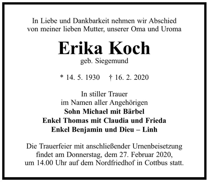 Traueranzeige Erika Koch, geb. Siegemund