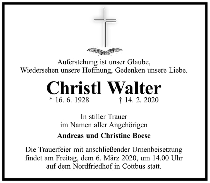 Traueranzeige Christl Walter
