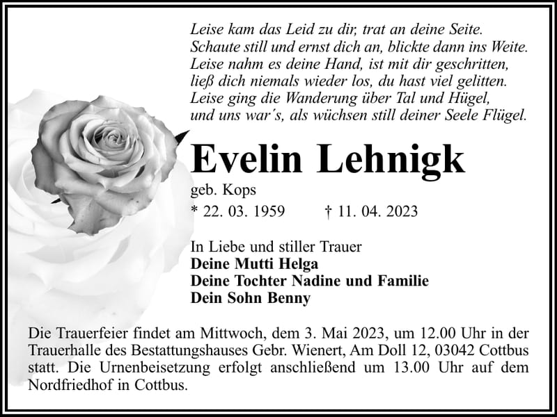 Traueranzeige Evelin Lehnigk, geb. Kops