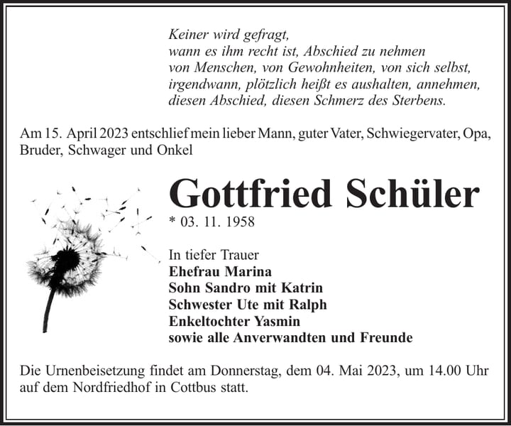 Traueranzeige Gottfried Schüler