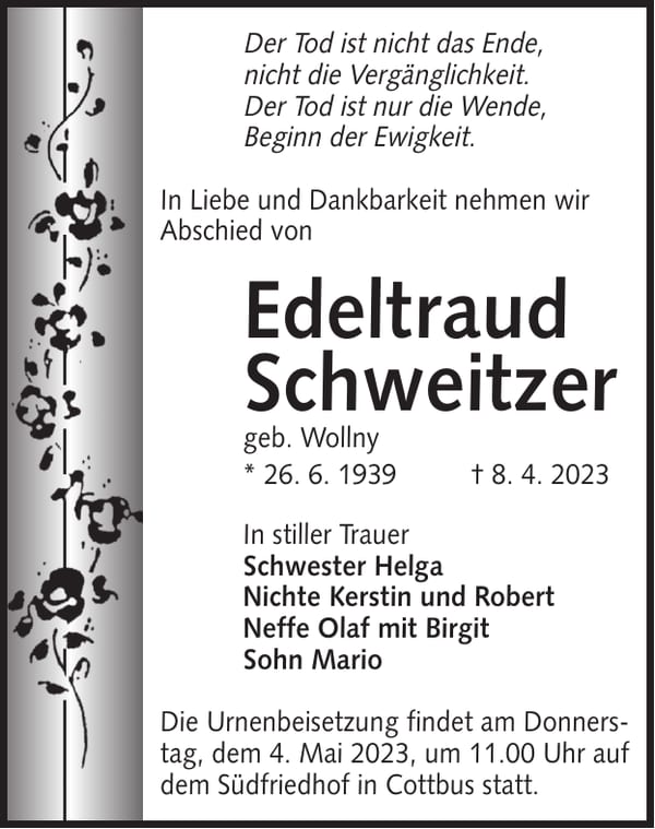 Traueranzeige Edeltraud Schweitzer, geb. Wollny