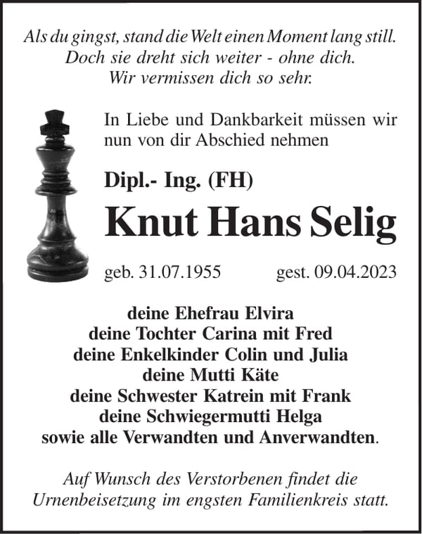 Traueranzeige Knut Hans Selig