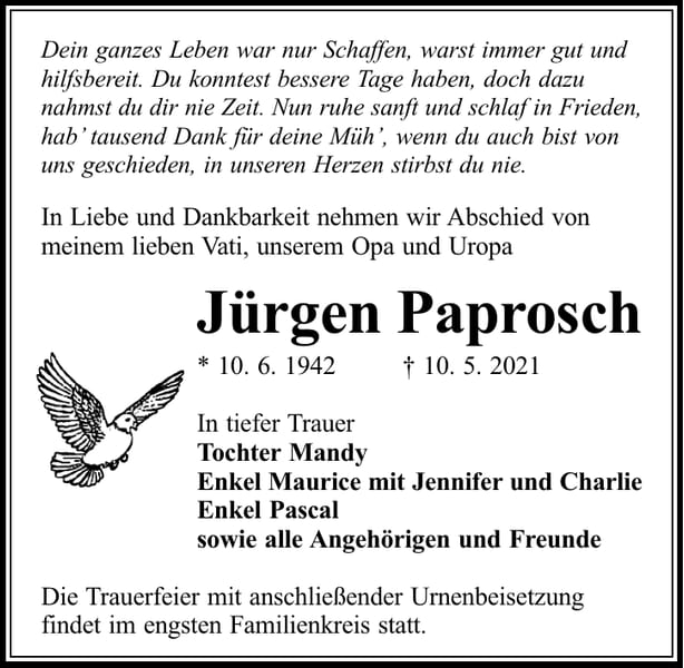 Traueranzeige Jürgen Paprosch